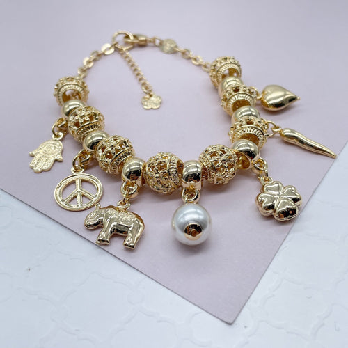 18k Gold Filled Lucky Charms Featuring Hamsa Clover Elephant Chili Pearl Peace Sign