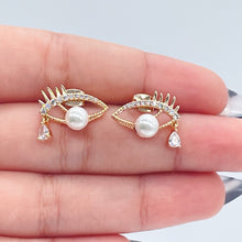 Load image into Gallery viewer, 18k Gold Filled Evil Eye Earring With Pearl Ball Eye And Teardrop Cubic Zirconia Stone
