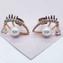 Load image into Gallery viewer, 18k Gold Filled Evil Eye Earring With Pearl Ball Eye And Teardrop Cubic Zirconia Stone
