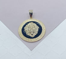 Load image into Gallery viewer, 18k Gold Filled Lion Head Pendant - Greek Key Black Enamel
