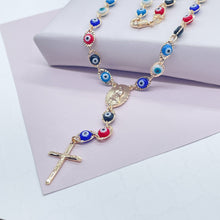Load image into Gallery viewer, 18k Gold Filled 24” long Colorful Evil Eye Rosary Style Necklace Featuring Our
