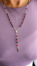 Load image into Gallery viewer, 18k Gold Filled 20” long Black and Red Beaded Rosary Style Necklace
