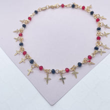 Load image into Gallery viewer, 18k Gold Filled Red and Black Bead Charm Anklet Bracelet Featuring 17 Tiny Crosses
