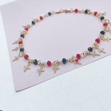 Load image into Gallery viewer, 18k Gold Filled Red and Black Bead Charm Anklet Bracelet Featuring 17 Tiny Crosses
