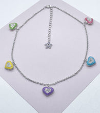 Load image into Gallery viewer, Silver Filled Necklace with Colorful Enamel Heart Charms
