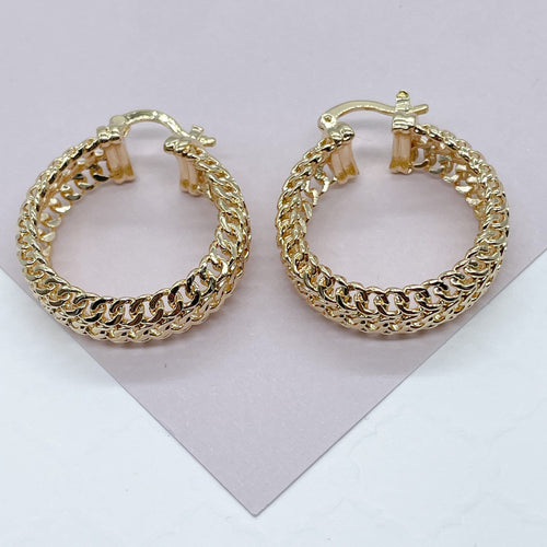 18K GoldFilled Three Row Cuban Link 1.5” Diameter Hoop Earrings Size 40mm