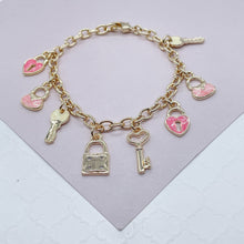 Load image into Gallery viewer, 18k Gold Filled Pink Charm Bracelet With Heart &amp; Keys Wholesale Jewelry
