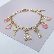 Load image into Gallery viewer, 18k Gold Filled Pink Charm Bracelet With Heart &amp; Keys Wholesale Jewelry
