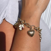 Load image into Gallery viewer, 18k Gold Filled Charm Bracelet: Heart, Ladybug &amp; Flower Charms
