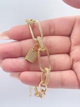 Load image into Gallery viewer, 18k Gold Filled Lock Charm Bracelet: Chunky Cubic Zirconia Chain
