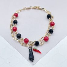 Load image into Gallery viewer, 18k Gold Filled Bracelet with black and red beads and Pepper &amp; Figa Charms
