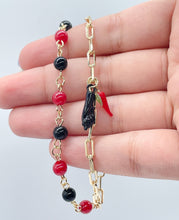 Load image into Gallery viewer, 18k Gold Filled Bracelet with black and red beads and Pepper &amp; Figa Charms
