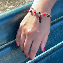 Load image into Gallery viewer, 18k Gold Filled Bracelet with black and red beads and Pepper &amp; Figa Charms
