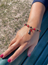 Load image into Gallery viewer, 18k Gold Filled Bracelet with black and red beads and Pepper &amp; Figa Charms

