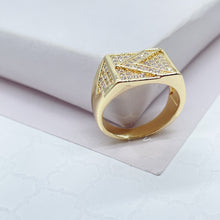Load image into Gallery viewer, 18k Gold Filled Mens Ring Patterned With Arrow Symbol With Pave Stones
