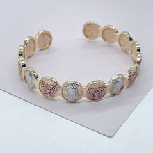 Load image into Gallery viewer, 18k Gold Filled Beaded Bangle Bracelet Patterned With Virgin Mary and Butterfly
