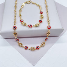 Load image into Gallery viewer, 18k Gold Filled Mariner Link Mixed Blue &amp; / or Red Eye Bracelet And Necklace
