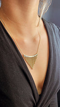 Load image into Gallery viewer, 18k Gold Filled Boho Chain Necklace Fringe Dangling Beads, Mesh Inverted Gold Triangle, ,
