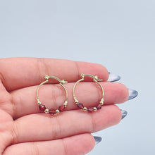 Load image into Gallery viewer, 18k Gold Filled Thin Hoop Earrings With Diamond Shape Maroon Acrylic And Mini Gold Beads
