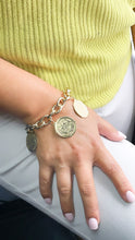 Load image into Gallery viewer, Chunky 18k Gold Filled Coin Charm Bracelet: Saint Benedict Medallion
