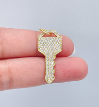 Load image into Gallery viewer, 18k Gold Filled Key Charm with Micro Pave Cubic Zirconia Zirconia Key Pendant
