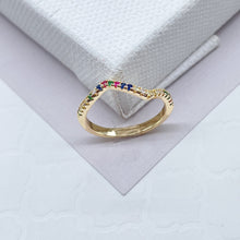 Load image into Gallery viewer, Half Eternity Chevron 18k Gold Filled Colorful Micro Pave Cubic Zirconia Ring, Dainty Stackable Band Ring
