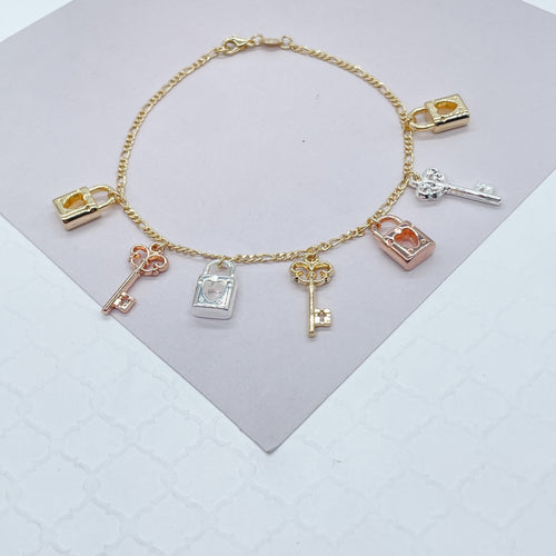 18k Gold Filled Tri-Color Lock & Key Charms Anklet