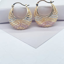 Load image into Gallery viewer, 18k Gold Filled Tri-Color Wavy Patterned Basket Shape Hoop Earrings, Bohemian Hoop, Mothers day Gift, Waterproof, Hypoallergenic Hoops
