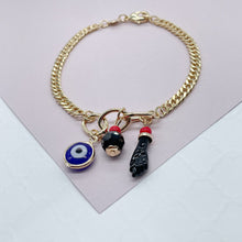 Load image into Gallery viewer, 18k Gold Filled Double Cuban Link Bracelet With Blue Evil Eye, Simulate Azabache
