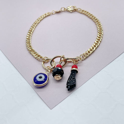 18k Gold Filled Double Cuban Link Bracelet With Blue Evil Eye, Simulate Azabache