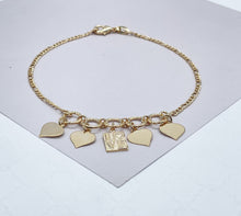 Load image into Gallery viewer, 18k Gold Filled Figaro Anklet With Plain Heart Charms &amp; Love Charm

