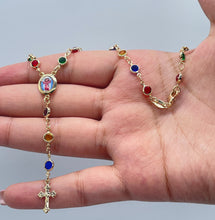 Load image into Gallery viewer, 18k Gold Filled Small Round Colorful Rosary Necklace, Multicolor Fashion Baby Jesus Medal
