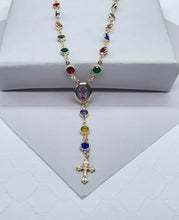 Load image into Gallery viewer, 18k Gold Filled Small Round Colorful Rosary Necklace, Multicolor Fashion Baby Jesus Medal
