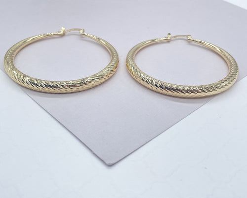 18k Gold Filled Ocean Wave Textured Hoop Earrings 50 mm Diameter