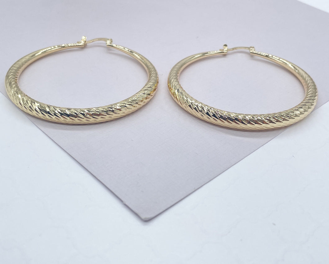 18k Gold Filled Ocean Wave Textured Hoop Earrings 50 mm Diameter