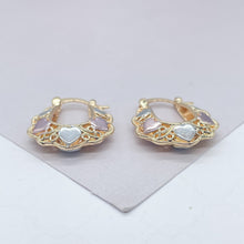 Load image into Gallery viewer, 18k Gold Filled Tri-Colored Heart Earring Hoops
