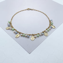 Load image into Gallery viewer, 18k Gold Filled Dainty Anklet With Pastel Bead Charms and Small Virgin Mary Medals
