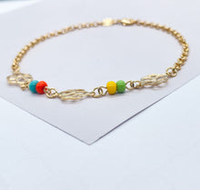 Load image into Gallery viewer, 18k Hold Filled Rolo Chain Anklet With Colorful Beads and Flower Charms Attached
