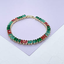Load image into Gallery viewer, 18k Gold Filled Jade Colored Baguette Zirconia Stone Bracelet With touches of Bright Red
