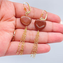 Load image into Gallery viewer, 18k Gold Filled Heart Venturina Drop Earrings: Goldstone Chain Tassels
