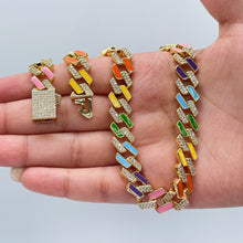 Load image into Gallery viewer, 18k Gold Filled Colorful Enamel and Zirconia Thick Cuban Link Set
