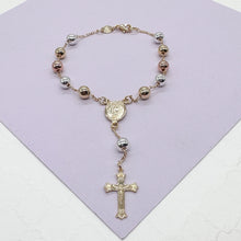 Load image into Gallery viewer, 18k GoldFilled Tri-Colored Rosary Bracelet With Virgin Mary Charm
