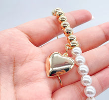 Load image into Gallery viewer, 18k Gold Filled Half Gold &amp; Pearl Bracelet with Large Puffy Heart
