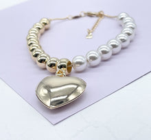 Load image into Gallery viewer, 18k Gold Filled Half Gold &amp; Pearl Bracelet with Large Puffy Heart
