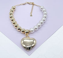 Load image into Gallery viewer, 18k Gold Filled Half Gold &amp; Pearl Bracelet with Large Puffy Heart
