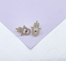 Load image into Gallery viewer, 18k Gold Filled Hamsa Earring With Blue Evil Eye
