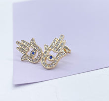 Load image into Gallery viewer, 18k Gold Filled Hamsa Earring With Blue Evil Eye
