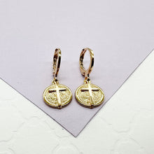 Load image into Gallery viewer, 18k Gold Filled Mini San Benedict and Small Cross Dangling Earrings
