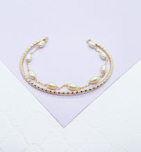 Load image into Gallery viewer, 18k Gold Filled Double Bracelet with Cuff Bangle &amp; Dainty pearl Satellite Bracelet
