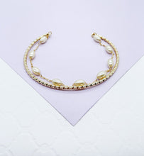 Load image into Gallery viewer, 18k Gold Filled Double Bracelet with Cuff Bangle &amp; Dainty pearl Satellite Bracelet

